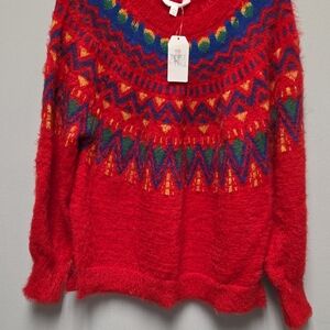 Time and Tru Red Multicolor Patterned Sweater